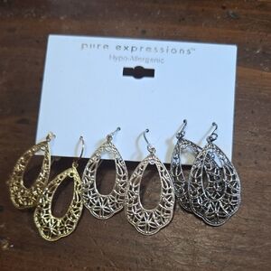 Pure Expressions Tri Tone Metal Filigree Hoop Set NWT 💫